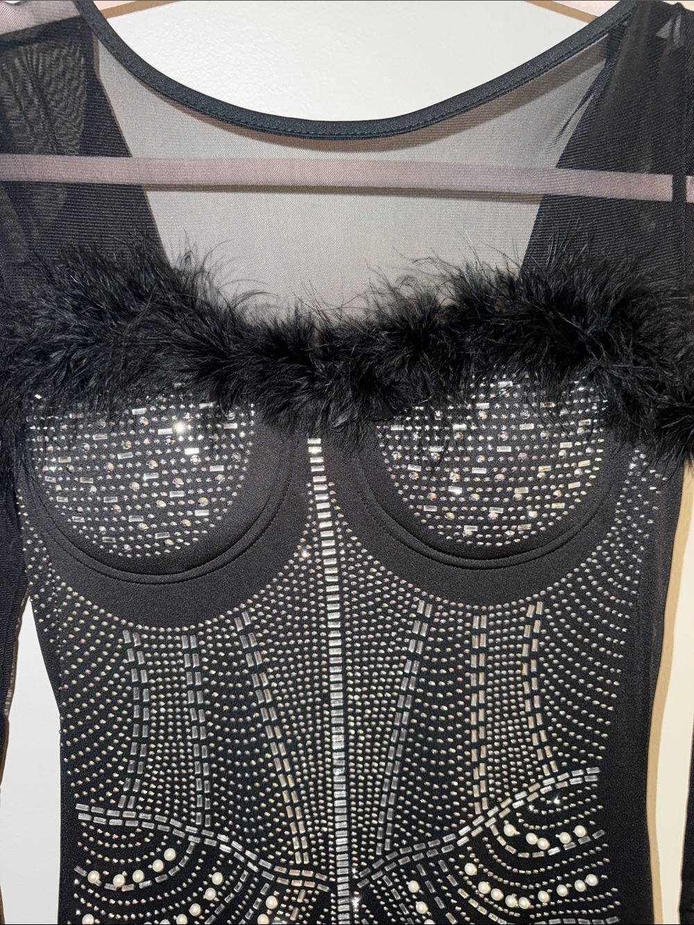 Black Embellished Mini Dress with Feather Trim - Picture 3 of 5